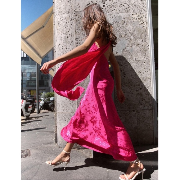 Zara JACQUARD MIDI DRESS BOW - FUCHSIA - Picture 4 of 12